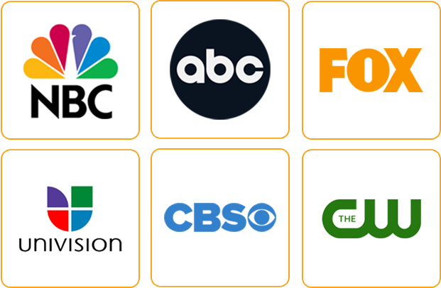 6 Boxes with TV Networks inside - NBC, ABC, Fox, Univision, CBS, and the CW